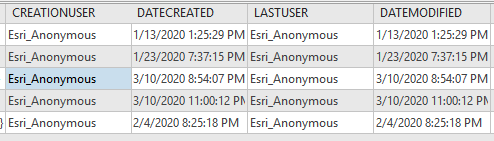 attribute table for feature class showing "esri_anonymous" where username should go.